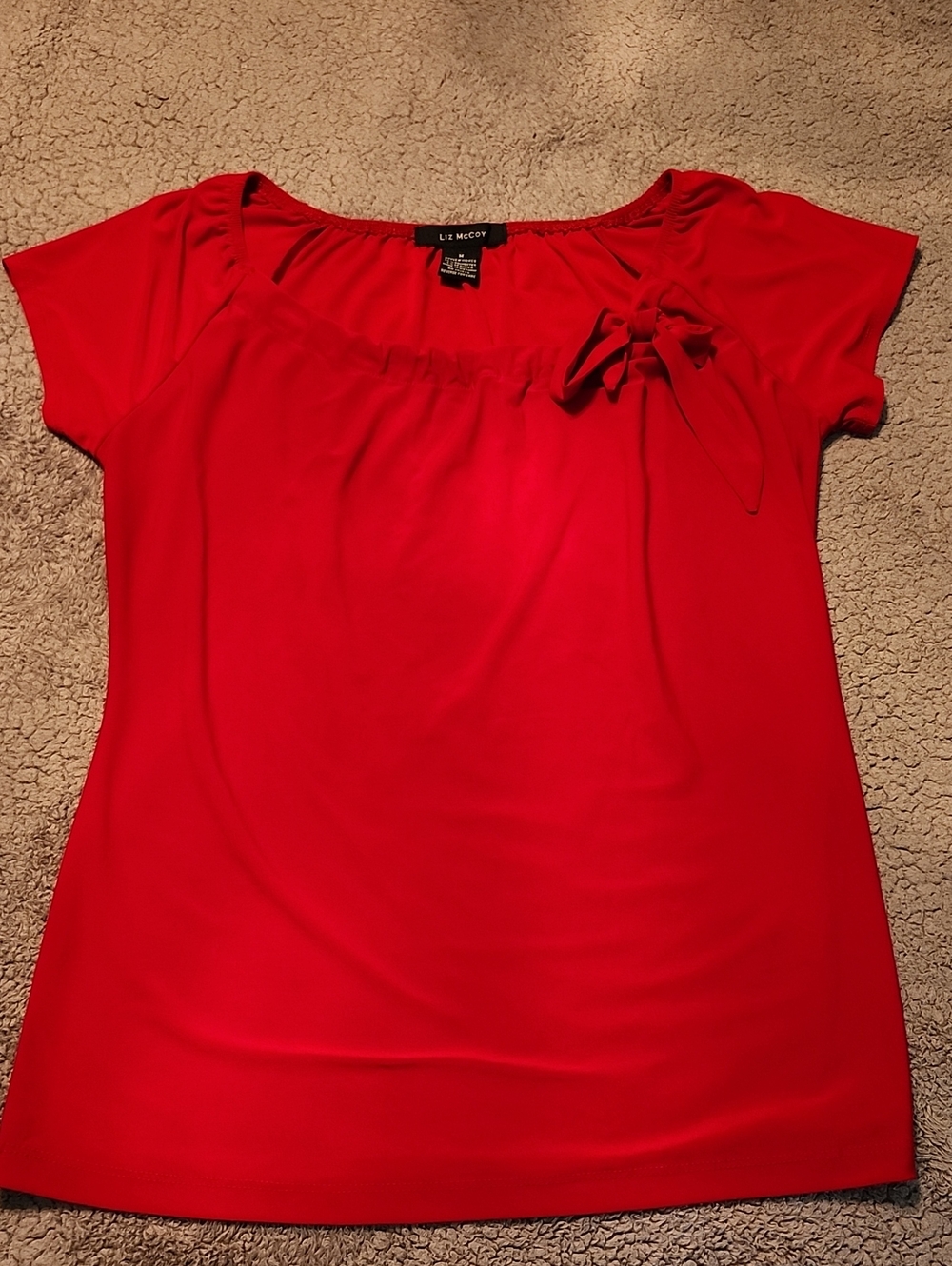 Liz Mccoy Bright Red Short Sleeve Top with Bow Accent